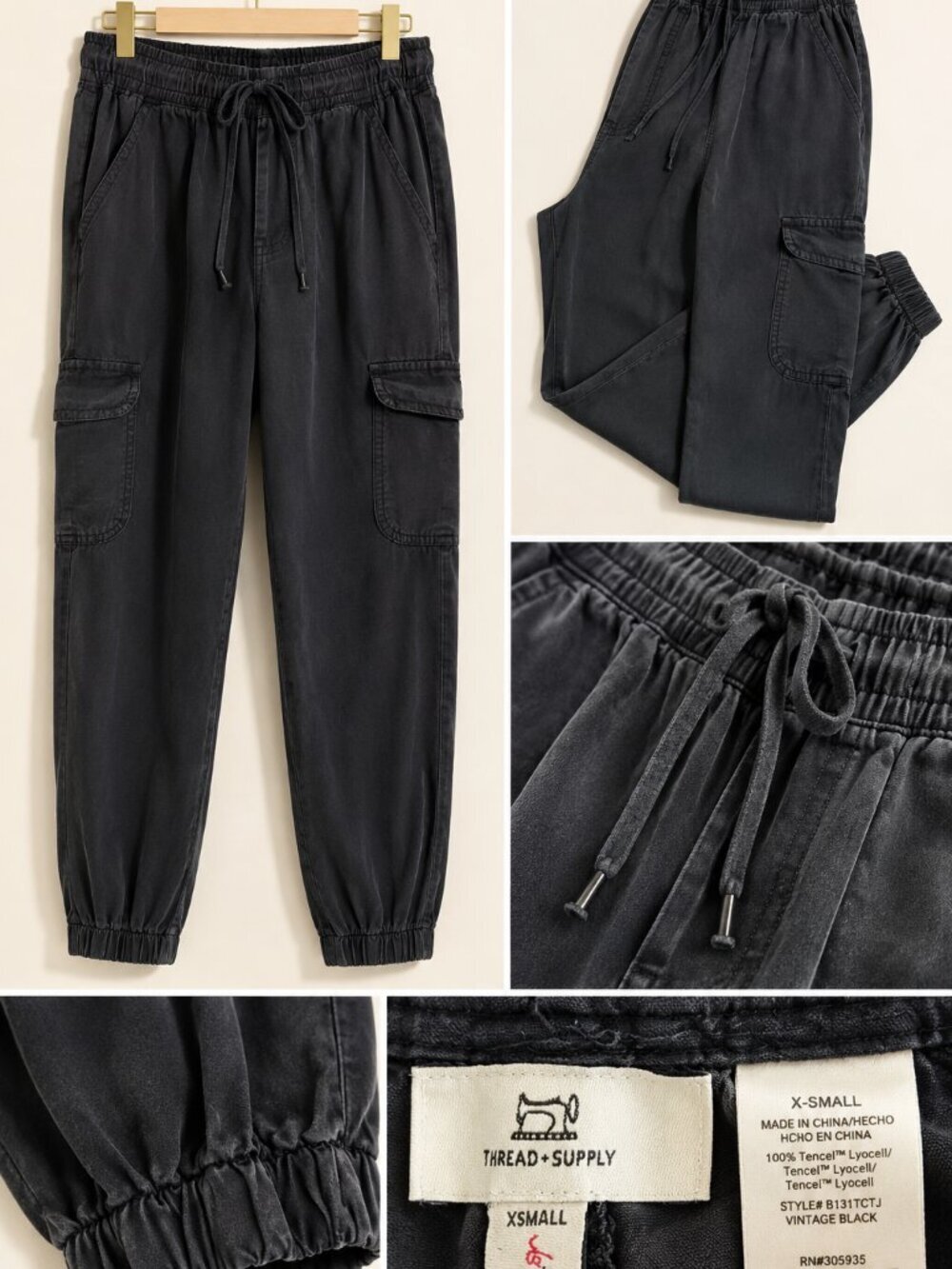 Thread & Supply Vintage Black Tencel Lyocell Cargo Jogger Pants XS Quiet Luxury
